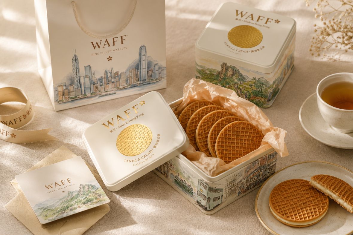 WAFF fine filled waffles, tins and gift bag laid out for gifting