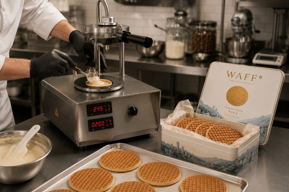 A baker spooning vanilla cream onto the WAFF press